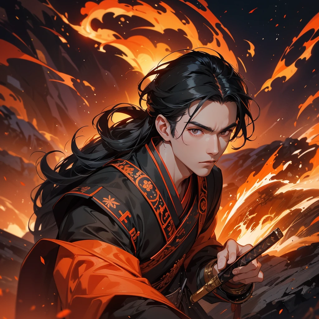 Handsome black-haired male general holding a large sword in black ancient Chinese costume, Surrounded by a volcano erupting, red and orange, surrounded by volcanic rocks, sunset, close up.