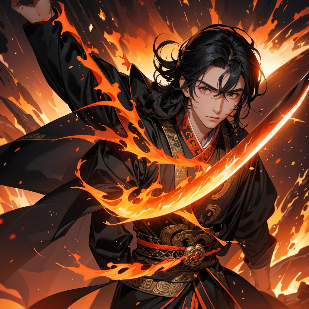 Handsome black-haired male general holding a large sword in black ancient Chinese costume, Surrounded by a volcano erupting, red and orange, surrounded by volcanic rocks, sunset, close up.