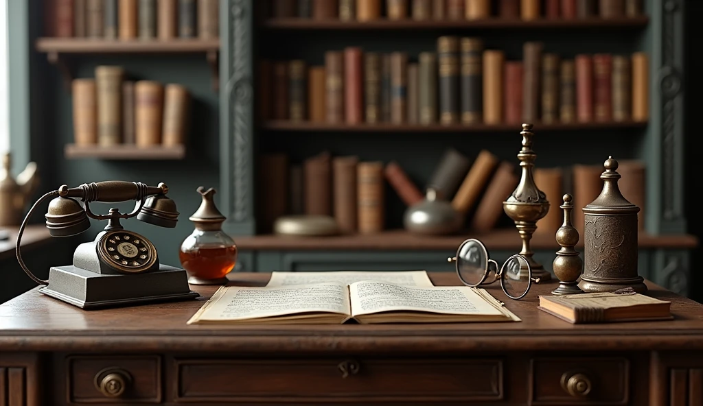 There is a candle and some vintage items on both sides of the table,Vintage telephone、magnifier、Glasses and other vintage items,A clean desk with nothing in the middle 、Alchemist's Library Background, Magic Library, Exquisitely detailed miniature model, ancient library, Detailed scenery —width 672, High Detail photo, Small Library, Fantasy Alchemist's Laboratory, High Detail), gothic library, Ultra-detailed pictures, The wizard's apothecary, Gothic Epic Library, Magician's Chamber