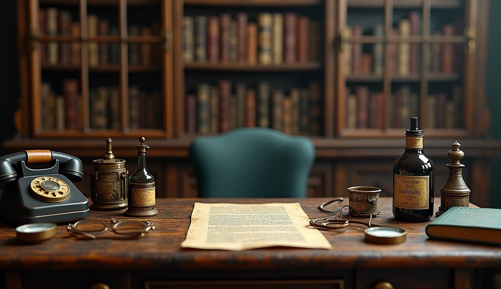 There is a candle and some vintage items on both sides of the table，Vintage telephone、magnifier、Glasses and other vintage items，A clean desk with nothing in the middle 、Alchemist&#39;s Library Background, Magic Library, Exquisitely detailed miniature model, ancient library, Detailed scenery —width 672, High Detail photo, Small Library, Fantasy Alchemist&#39;s Laboratory, High Detail), gothic library, Ultra-detailed pictures, The wizard's apothecary, Gothic Epic Library, Magician&#39;s Chamber