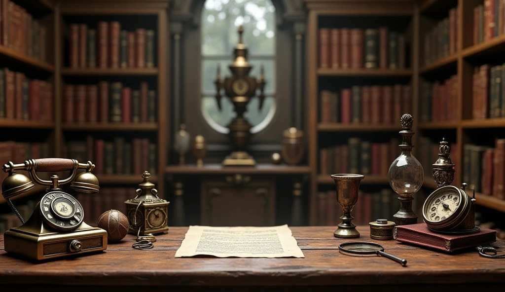 There is a candle and some vintage items on both sides of the table,Vintage telephone、magnifier、Glasses and other vintage items,A clean desk with nothing in the middle 、Alchemist's Library Background, Magic Library, Exquisitely detailed miniature model, ancient library, Detailed scenery —width 672, High Detail photo, Small Library, Fantasy Alchemist's Laboratory, High Detail), gothic library, Ultra-detailed pictures, The wizard's apothecary, Gothic Epic Library, Magician's Chamber