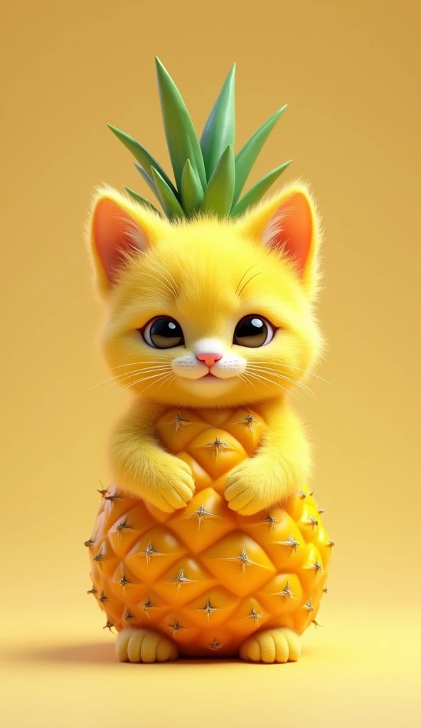 Create an image of a cat that resembles a small kitten with the texture and color of a ripe pineapple. The creature's body and face are covered in pineapple yellow, with characteristic seed-dotted skin.