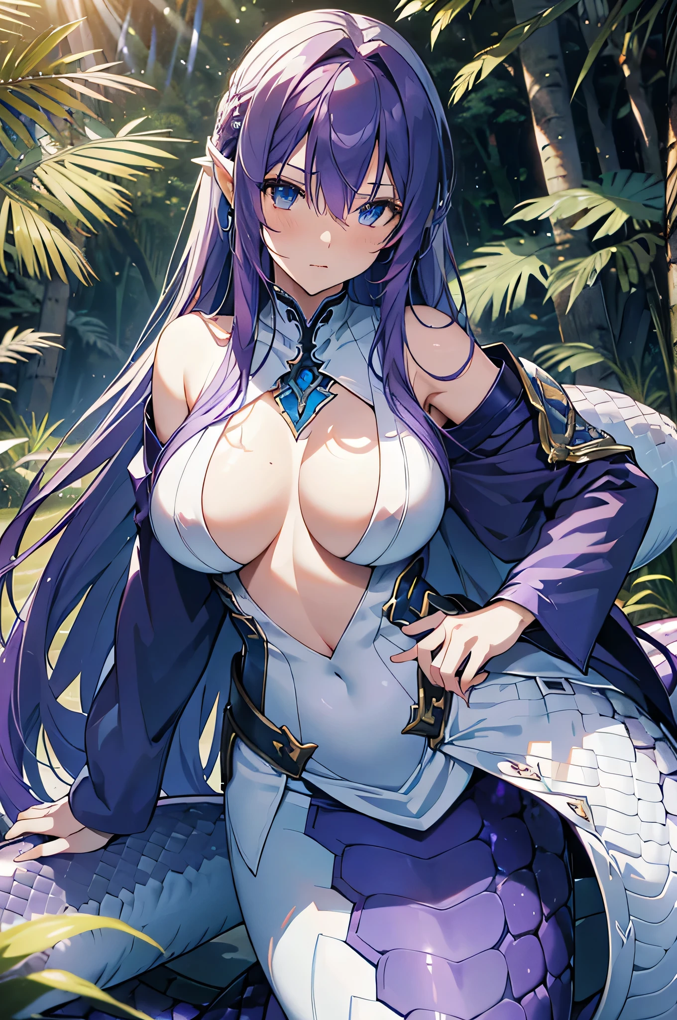 4K,High resolution,One Woman,lamia,Purple Hair,long hair,Blue Eyes,Huge boobs,Swordsman,White Armor,hair band,Jewelry decoration,Long sword,in the forest