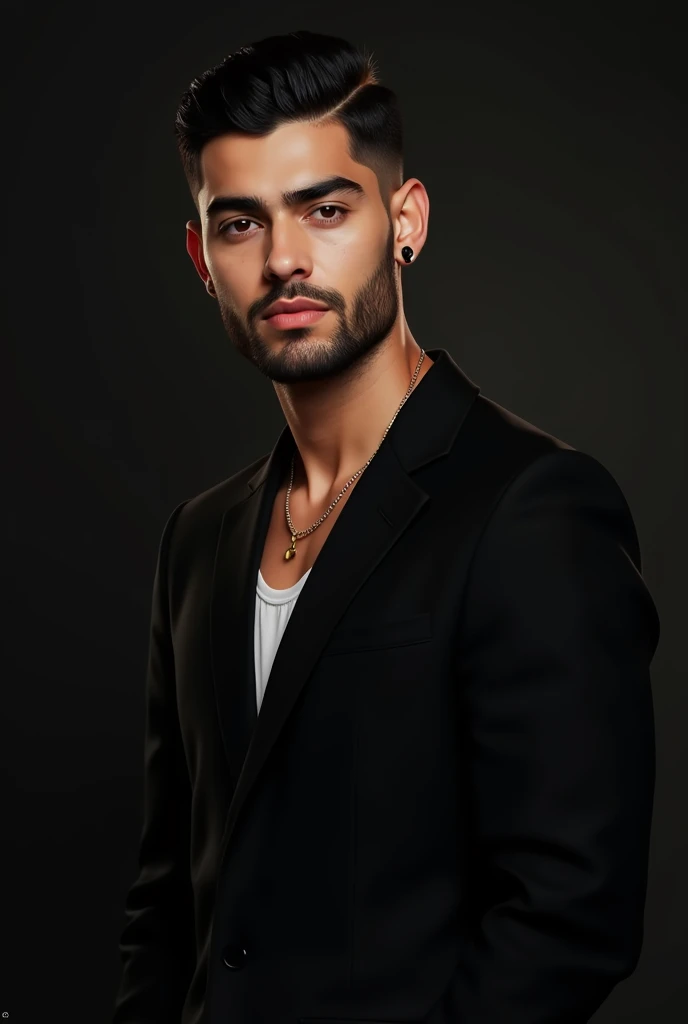 Singer Zayn Malik in black suit with single stand haircut