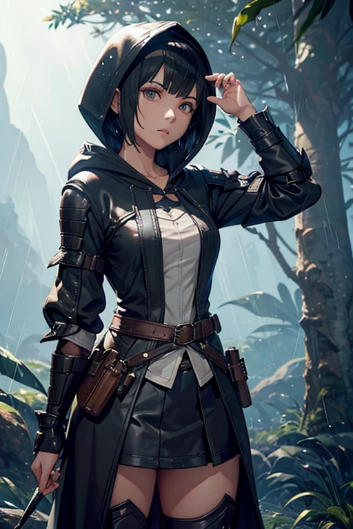 A female character fitted in game "monster hunter world", beautiful, black short hair, hooded, wearing robes from animal material, subtle muscle, in the depth of rain forest. great sword sheated on her back, curious expresions, look up to the blue sky, day time