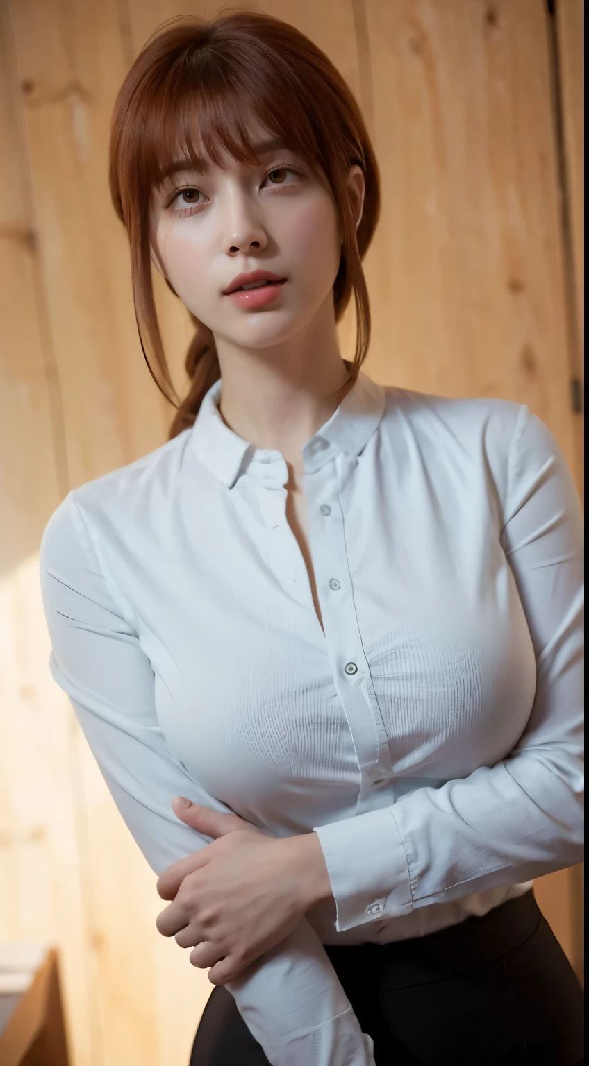 (best quality, master part, fullcolor, Dynamic angle, highest detailed) upper body photo, glad, (Makima, chainsawman), handsome fashion photography (red  long hair) Kizi (Stunning mature woman), ((Massive medium breasts)), High Dress Up Detailed Office Makima Suit, white shirt black tie(high resolution textures), in doggy pose, bokeh, (details Intricate, hyperdetailed:1.15), circunstanciado, sunlight passing through hair, office background, (offcial art, extremely detaild, highest detailed),