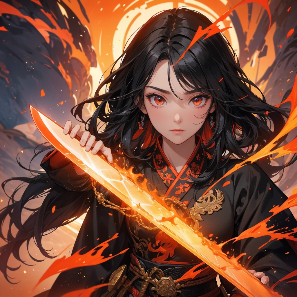 beautiful woman black-haired male general holding a large sword in black ancient Chinese general costume, Surrounded by a volcano erupting, red and orange, surrounded by volcanic rocks, sunset, close up.