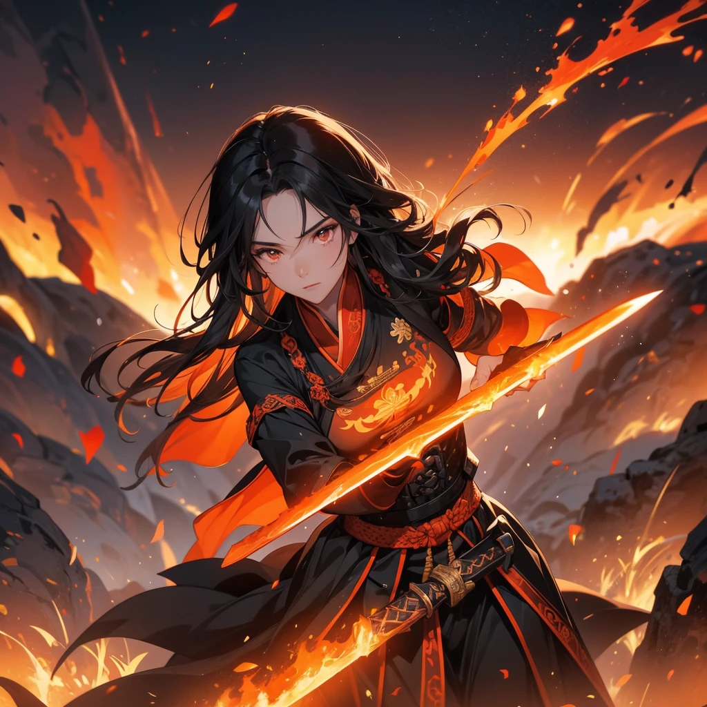 beautiful woman black-haired male general holding a large sword in black ancient Chinese general costume, Surrounded by a volcano erupting, red and orange, surrounded by volcanic rocks, sunset, close up.