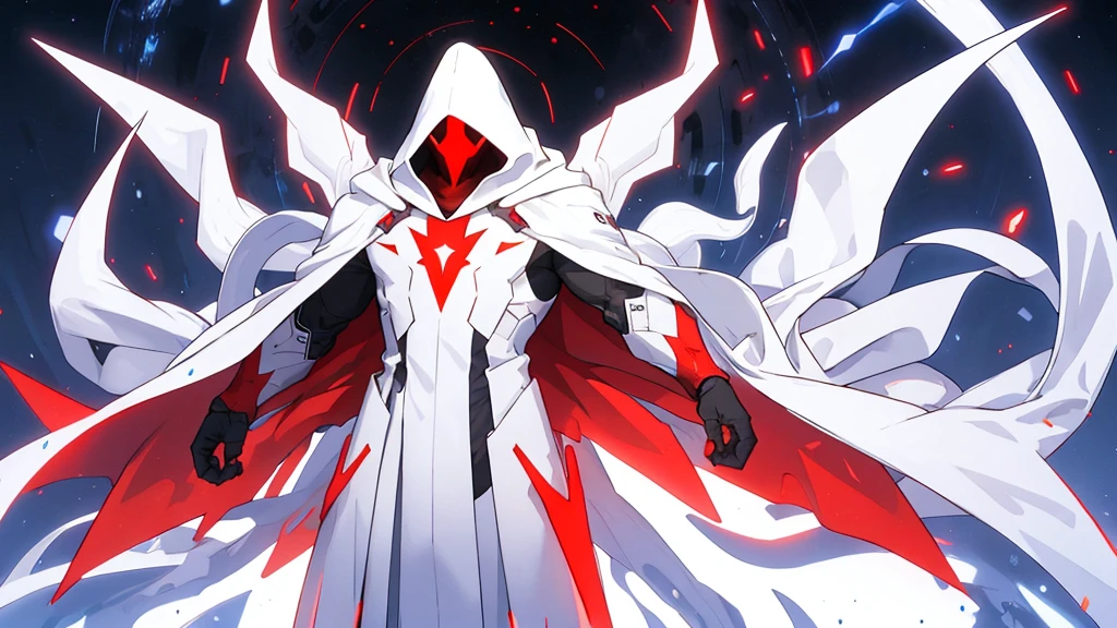 1 person、Wearing a white, all-encompassing robe、White hood、White Mask、Red triangle effect、Floating in the air、Earth Background、Triangular units floating around、Full body illustration、Greaves