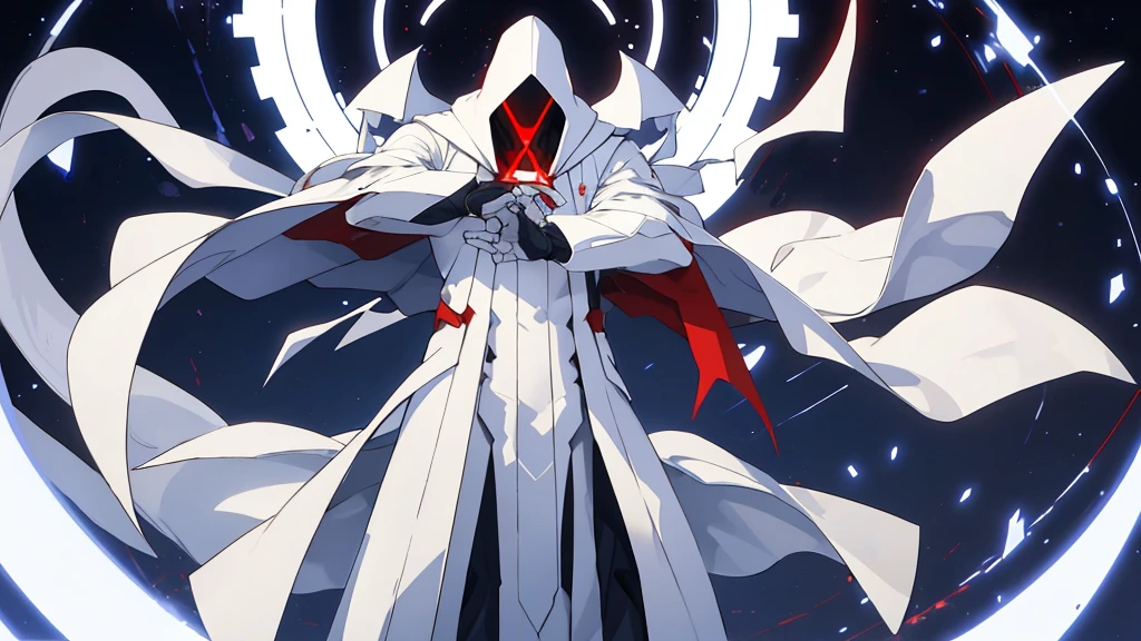 1 person、Wearing a white, all-encompassing robe、White hood、White Mask、Red triangle effect、Floating in the air、Earth Background、Triangular units floating around、Full body illustration、Greaves