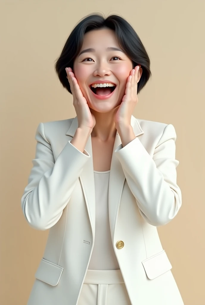 A middle-aged Korean woman in a white suit cheering happily with both hands over her mouth, 2.5D