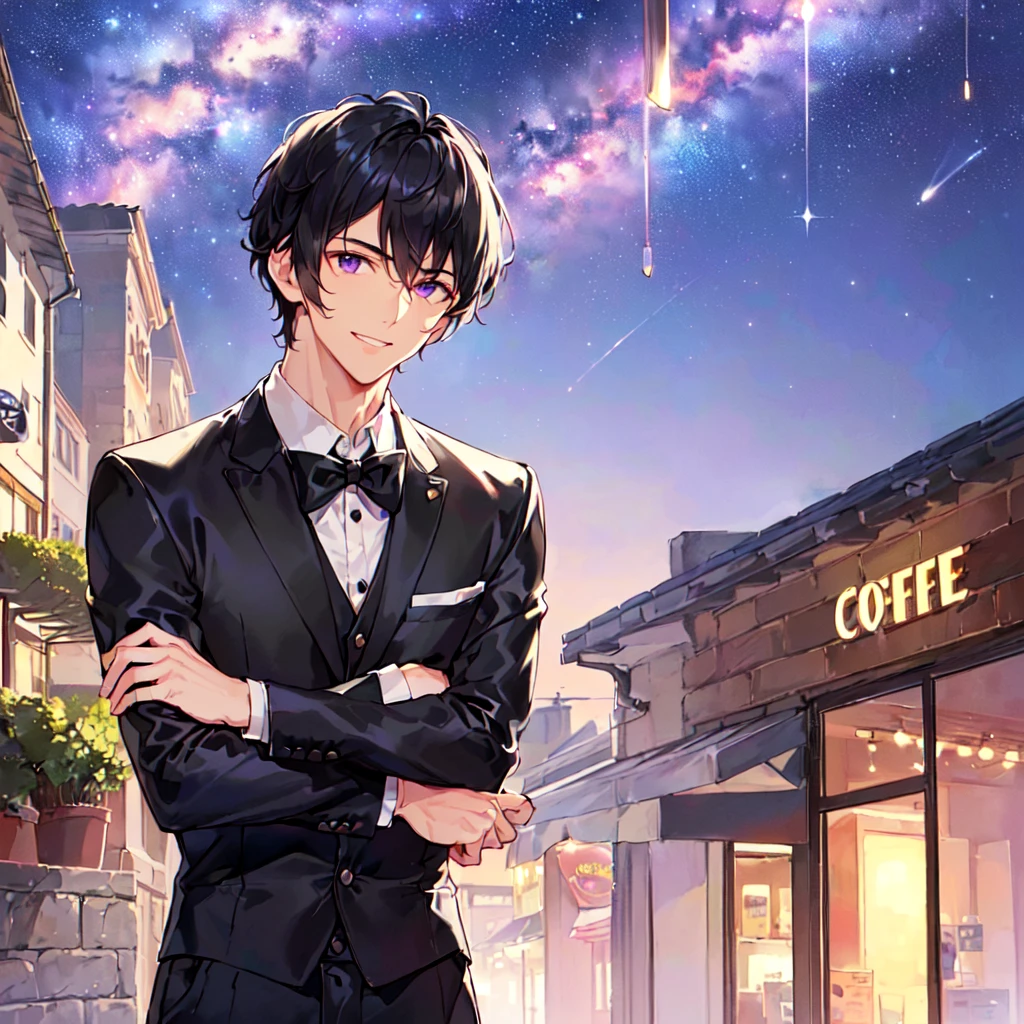 masterpiece,best quality,high quality,(1 male austere handsome solo adult age 30 years old:1.5), purple eyes, cool with suspended eyes, V-shaped eyebrows, body strong and fearless 8.5 head tall, height 185cm, (well-groomed black short hair:1.4), (bangs in three (hair parted in three parts:1.4), slender nose, facial muscles, throat, (coffee cafe costume black tie black pants:1.3), (serving:1.3), (stylish pose), (cool smile:1.3), (upper body:1.3),(background coffee cafe:1.3) , (Milky Way Night Sky:1.3)