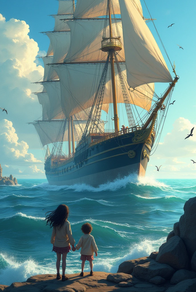 Give me a unique scene of a huge ship in the middle of the ocean with a girl and a boy standing hand in hand on top of the ship.