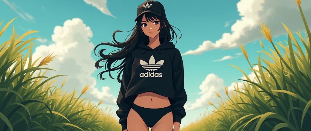 sexy anime girl, long black hair, black eyes, barefoot, wear black adidas cap, wear black adidas hood, wear black adidas hot pants, background is farm