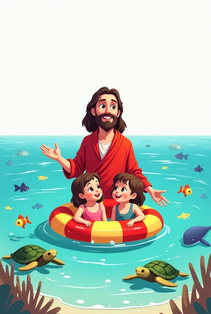 Make a cartoon art I want Jesus dressed as a lifeguard but without glasses in the sea, with 2 cute kids on the float.
Place turtles, fish and whale I want a white background I don't want a square image