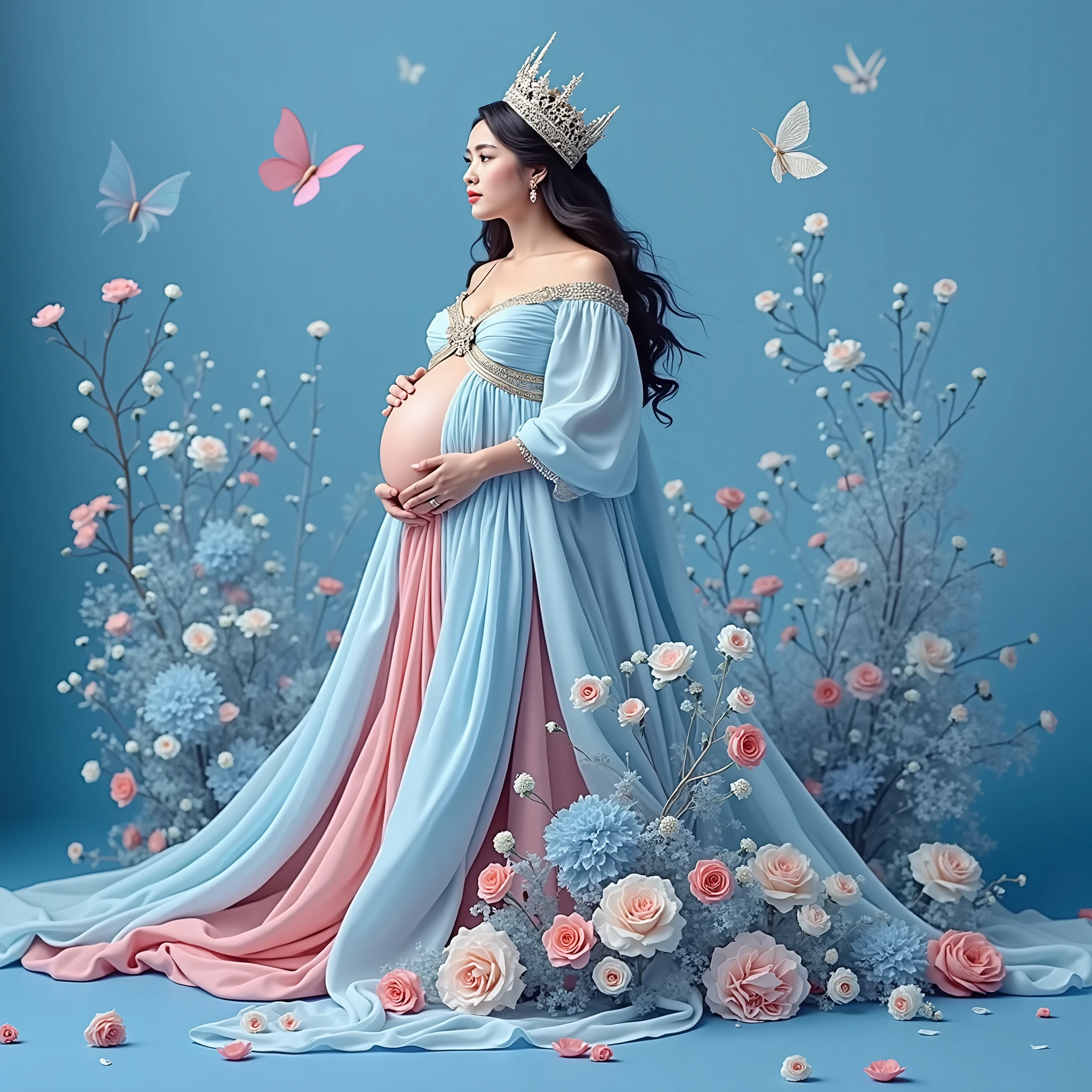 pregnant woman in a red gown surrounded by flowers and butterflies, an album cover by Willie Ito, shutterstock contest winner, rococo, queen of flowers, official artwork, maternal photography 4 k, cover shot, promo image, flower queen, real photoshoot queen of oceans, with a red background, portrait of queen of dreams, alternate album cover, promo shot, promo photo