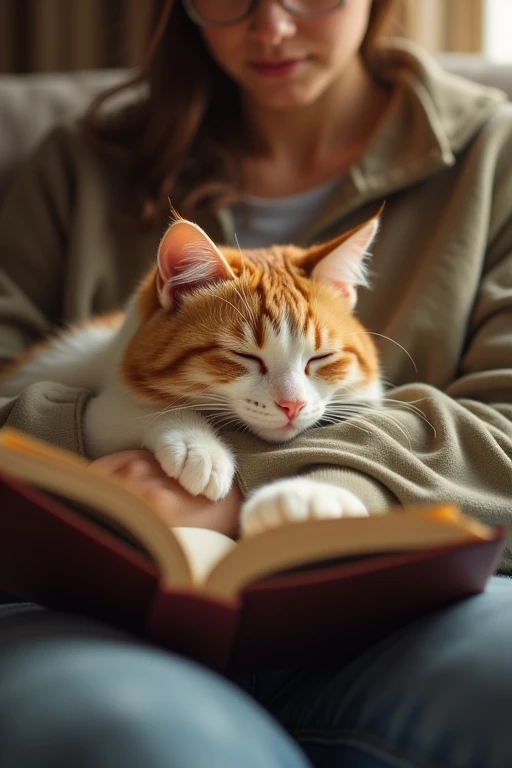 A scene of a cat gently snuggling up next to its owner who is reading a book on the sofa. The cat has a calm and serene expression, quietly leaning against the owner’s arm or body, feeling secure and relaxed. As the owner enjoys a peaceful reading moment, the cat warmly cuddles up, sharing the tranquil atmosphere, creating a cozy and comforting scene together.4k