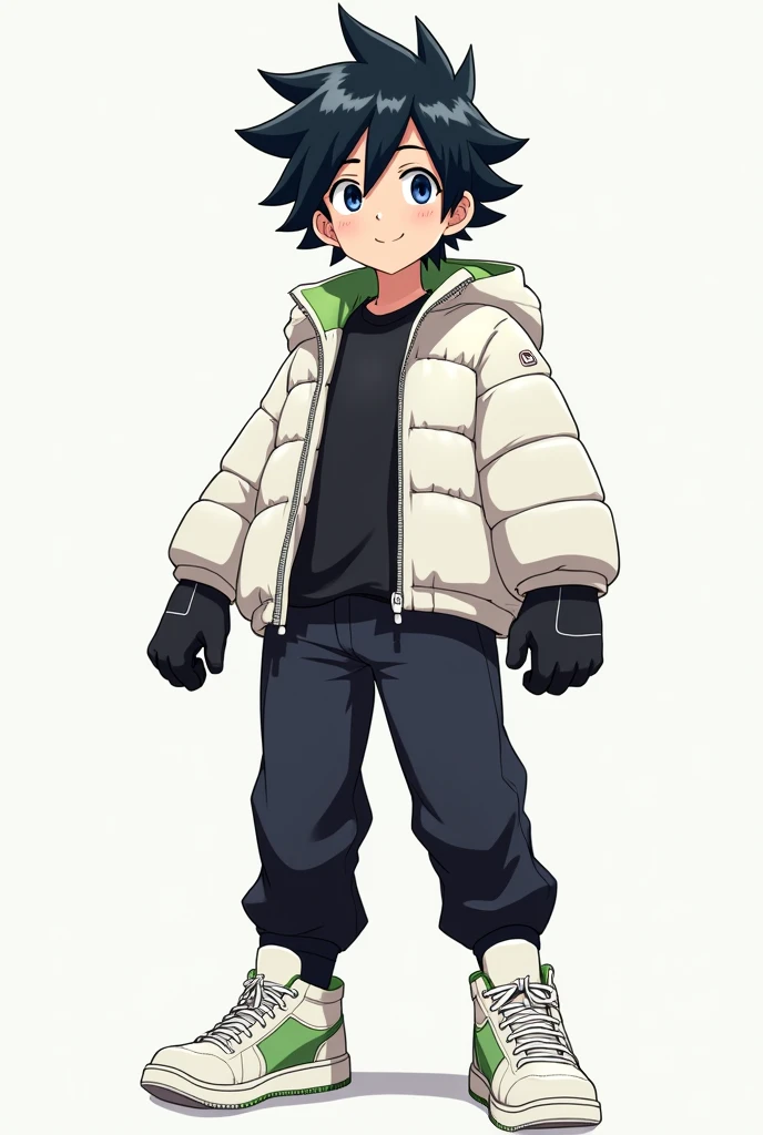 A male age anime style character With slightly long and thick black hair that is a little spiky with the hair slightly covering his left eye., big navy blue eyes, happy, Jaketa Thick white jacket, black pants, white sneakers with green, and with black gloves.