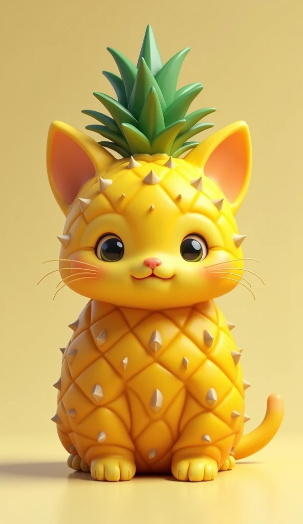 Create an image of a cat that resembles a small kitten with the texture and color of a ripe pineapple. The creature's body and face are covered in pineapple yellow, with characteristic seed-dotted skin.