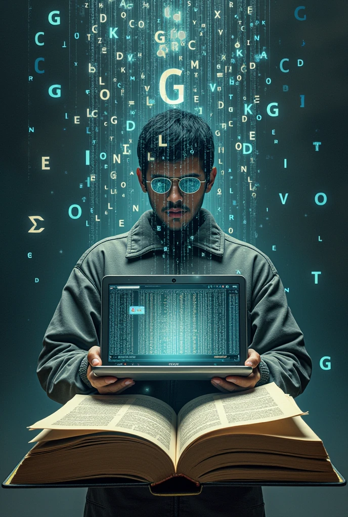 Simply a complex image with great meaning, letters falling on a computer keyboard digital on top of a book , technical man laptop on hand