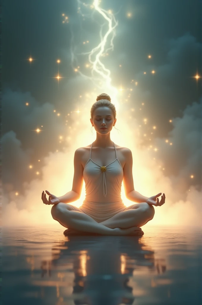 a person sitting in a meditation position, surrounded by a soft light, transmitindo calma e serenidade.