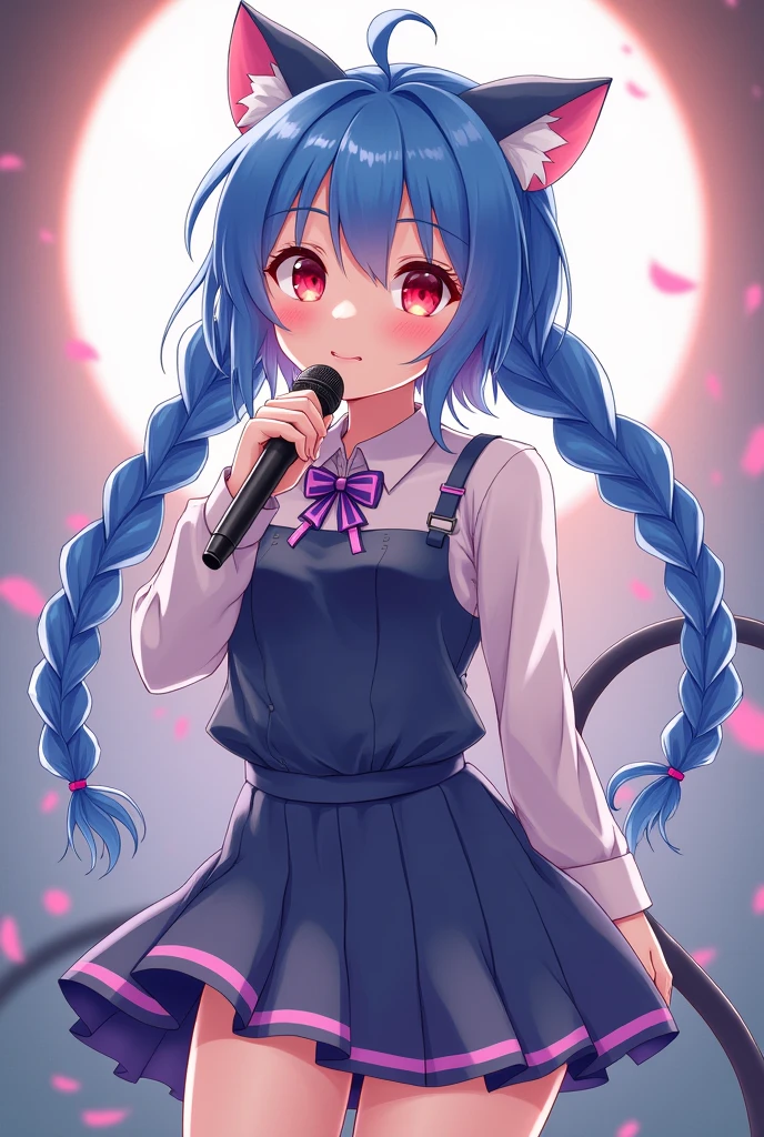 A magical girl with anime aesthetics who is an idol with long blue hair in two braids with straight bangs and cat ears and tail., red eyes, wearing a short skirt and with a microphone in her hand singing

