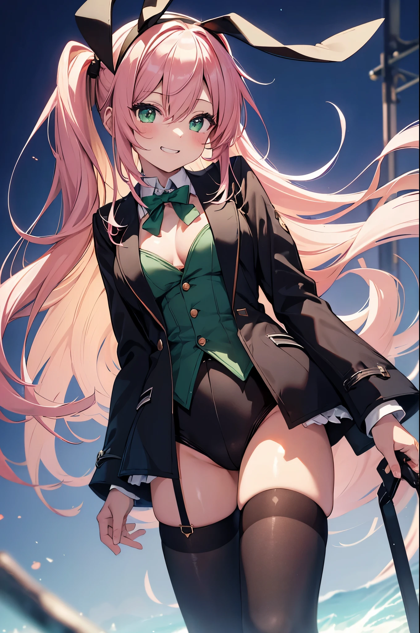 top-quality,Top image quality,in 8K,4K,masterpiece,ultra-detailliert,Beautiful、ultra-quality, best quality,high resolution, ultra-detailed,game cg,dutch angle ,beautiful detailed eyes, visualart,five fingers, perfect hands,beautiful girl,BREAK,(chibi:1.2),(flat chest),long hair,pink hair,half twin tail,emerald green eyes,(Rabbit ear hair bands),(playboy bunny),(tailcoat, coattails), pantyhose,(black jacket), long sleeves, buttoned jacket,grin,