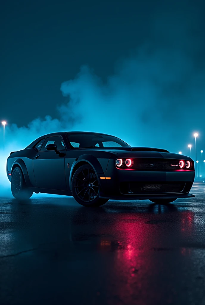 Dodge challenger hellcat redeye mate black at neo blue night left side view of car