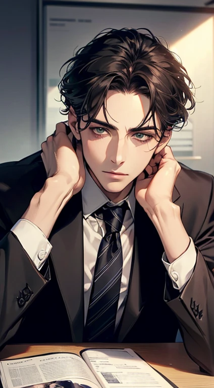 (Highest quality,4K,8K,High resolution,masterpiece:1.2),Super detailed,(Realistic,photoRealistic,photo-Realistic:1.37),1 personld,Mature Men,Beautiful skin、very handsome,Expressionless,Short gray Black hair,green eyes,Sharp Eyes,A perfect face without a doubt,Businessman, CEO, Office Background,Cinema Lighting,HDR image,tie、