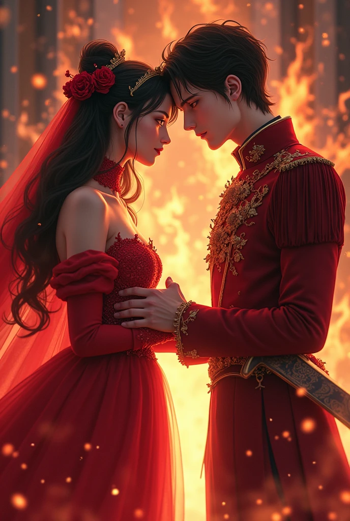 The red and extremely beautiful princess and the very, very handsome anime-like brunette prince kneel before the red princess, And the red prince will have a sharp sword in his hand and a beautiful red frilled mask on his face., Look at the prince with angry eyes, fire around