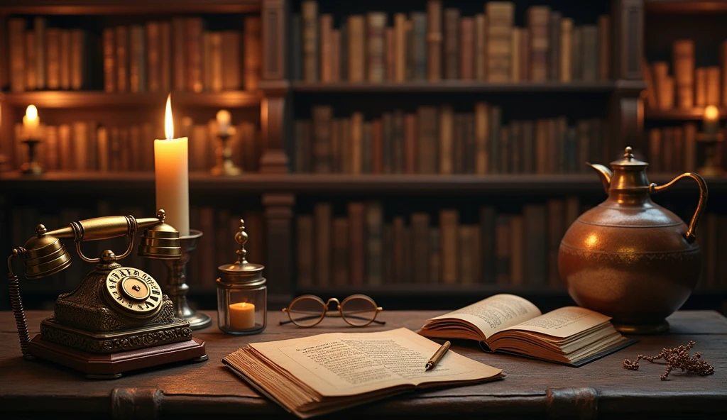 There is a candle and some vintage items on both sides of the table,Vintage telephone、magnifier、Glasses and other vintage items,Keep the middle of the desk blank 、Alchemist's Library Background, Magic Library, Exquisitely detailed miniature model, ancient library, Detailed scenery —width 672, High Detail photo, Small Library, Fantasy Alchemist's Laboratory, High Detail), gothic library, Ultra-detailed pictures, The wizard's apothecary, Gothic Epic Library, Magician's Chamber,Warm light atmosphere