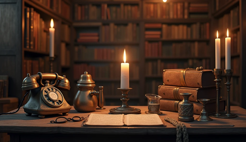 There is a candle and some vintage items on both sides of the table，Vintage telephone、magnifier、Glasses and other vintage items，Keep the middle of the desk blank 、Alchemist&#39;s Library Background, Magic Library, Exquisitely detailed miniature model, ancient library, Detailed scenery —width 672, High Detail photo, Small Library, Fantasy Alchemist&#39;s Laboratory, High Detail), gothic library, Ultra-detailed pictures, The wizard's apothecary, Gothic Epic Library, Magician&#39;s Chamber，Warm light atmosphere