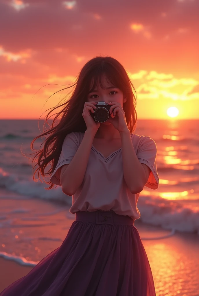 A girl is standing on the beach wore a full clothes and clicking a photo of sunset with cheer pose and her face show affection and attraction realistic cover her face with her hands not with camera