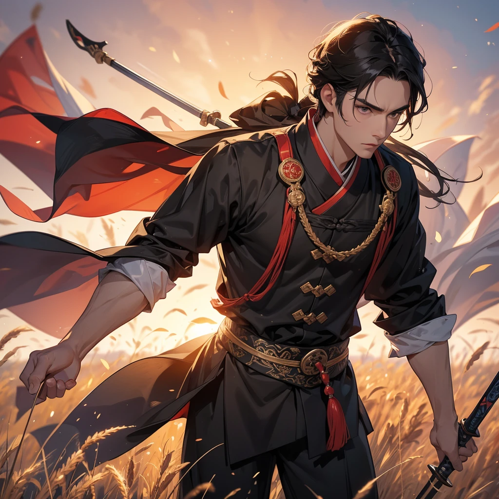 Handsome black-haired male general holding a large sword in ancient Chinese costume, Standing in the middle of wheat field, sunset, close up.