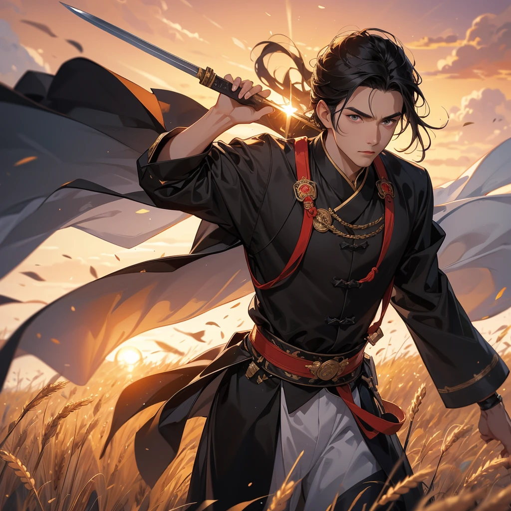 Handsome black-haired male general holding a large sword in ancient Chinese costume, Standing in the middle of wheat field, sunset, close up.