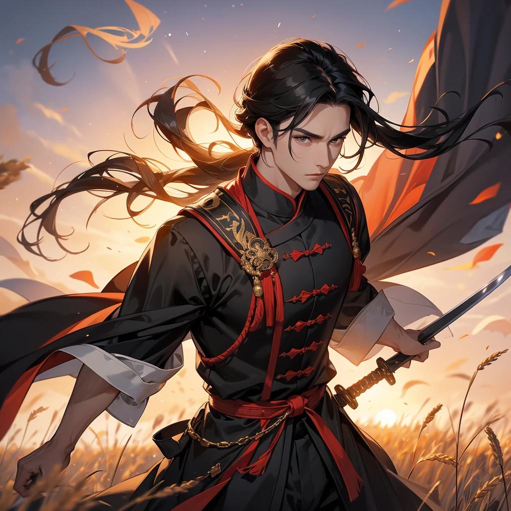 Handsome black-haired male general holding a large sword in ancient Chinese costume, Standing in the middle of wheat field, sunset, close up.