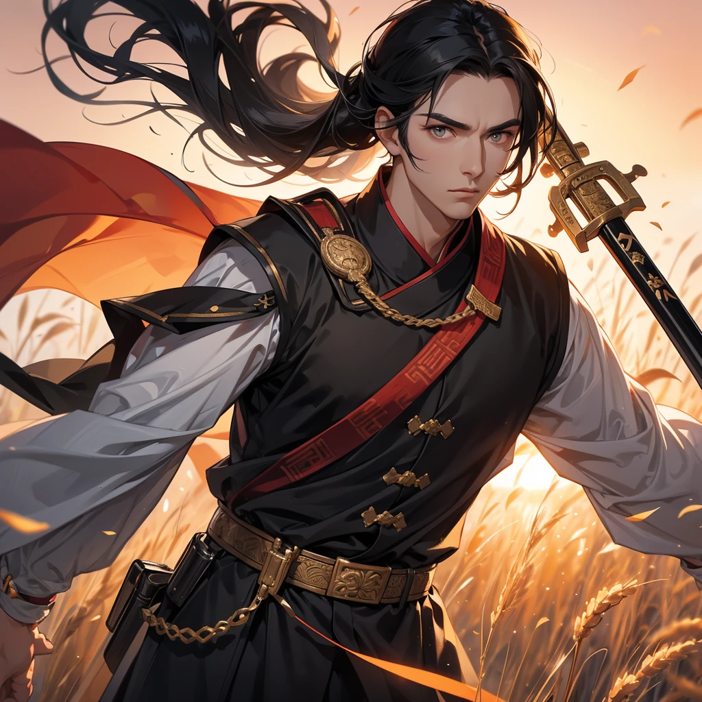 Handsome black-haired male general holding a large sword in ancient Chinese costume, Standing in the middle of wheat field, sunset, close up.