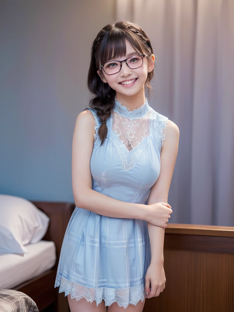 (Highest quality:1.5)、(masterpiece:1.5)、(8k:1.5)、(Big Breasts:1.35)、(A sleeveless dress with light blue checked lace:1.5)、(Slender:1.2)、(Blushing:1.5)、(Feeling embarrassed:1.5)、(smile:1.5)、(The background is the hotel:1.7)、whole body、Hotel Bed、(Erect nipples)、(Thin and beautiful legs:1.3)、(Braid)、(Glasses)、(Young face:1.5)、(Primary school students:1.5)、(Short:1.5)