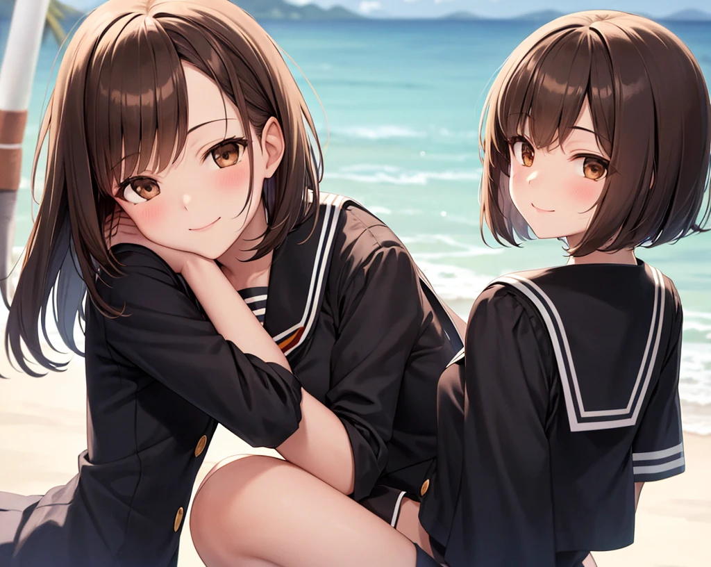 (Brown hair, brown eyes, black sailor uniform), bob hair, looking happy, one girl, summer