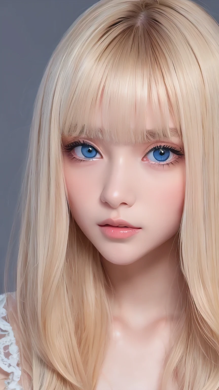 A perfectly beautiful face、Messy silky beautiful blonde hair、A beautiful 1 Scandinavian beauty、Very beautiful beautiful bright pale sky blue big eyes、Very long beautiful natural platinum blonde silky shiny hair、Long beautiful bangs、Very big eyes、Small Face Beauty、eyeliner、very white shiny skin、Gloss Face、Cheek gloss、Hair above the eyes、片Hair above the eyes、Hair between the eyes、