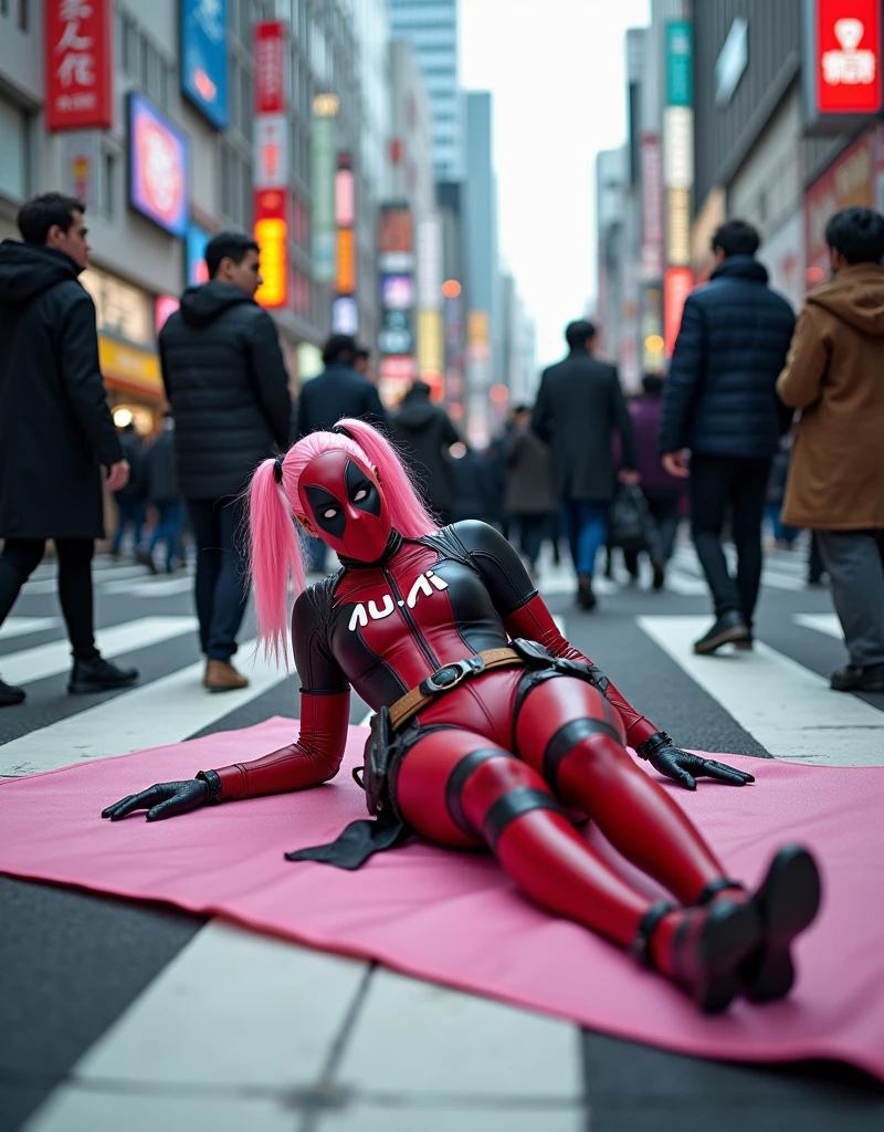 ((Highest quality)), ((masterpiece)), (photograph), (Japanese women), (Deadpool costume and makeup:1.2), (White letters on the chest「mu-mi」He writes:1.2), Deadpool woman with pink hair and twin tails、Lying on a pink bath mat at Tokyo&#39;s Scramble Crossing、Surrounded by passers-by。