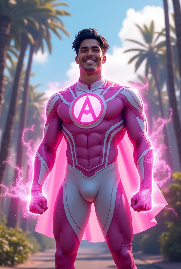 Gay Superhero, pink and white outfit with lilac details , A on the , Grinning,rays of light coming out of the hands, Atom symbol.
your hair is black, latin man, kimono florida