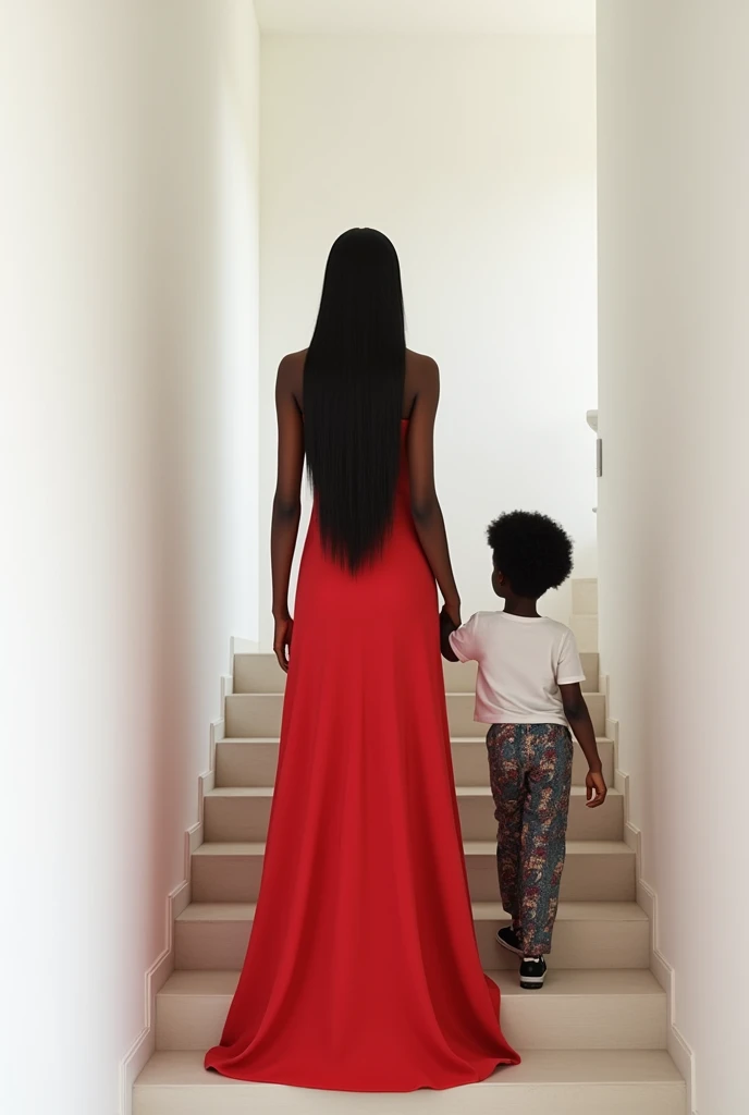 An African woman with a long straight hair wearing a red gown holding the hand of her child who is a handsome little African boy with an Afro haircut walking down a staircase to the white painted living room