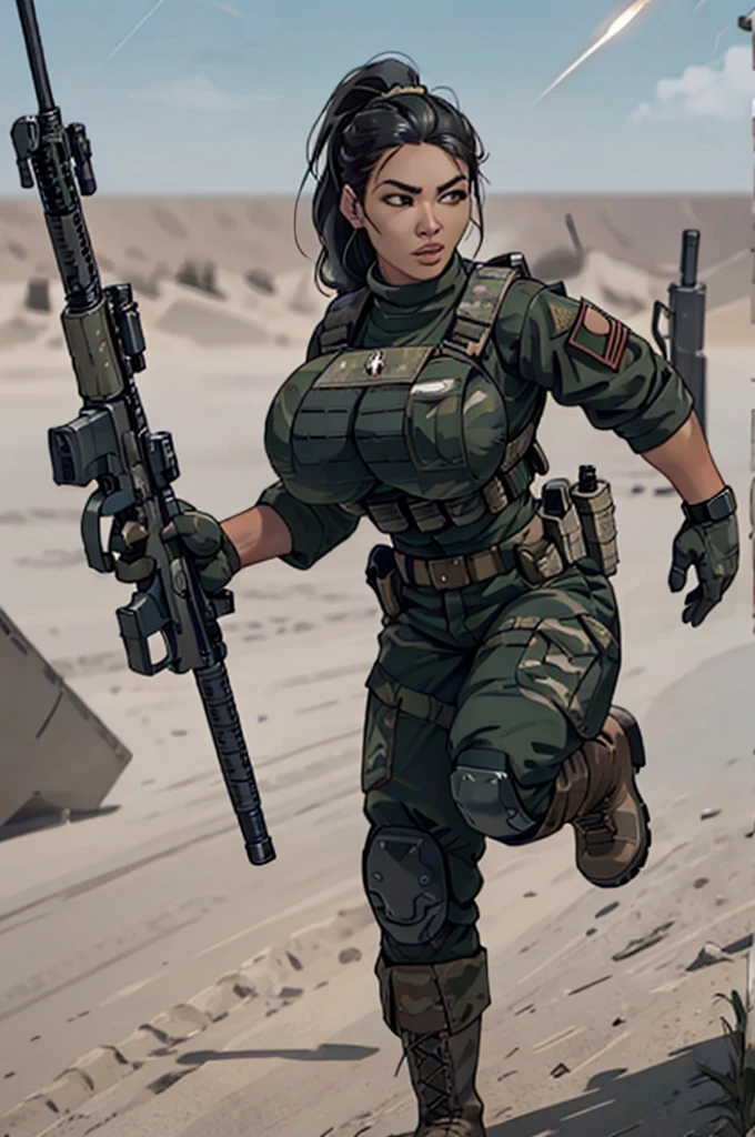 group of female soldiers, war photography, (cinematic lighting:1.1), highest quality, photo of (group of fully dressed really tanned 20yo sexy muscular female army special forces with taut clothing military top, ponytail hair, running holding a rifle), (bouncing breasts, motion lines, motion blur), too tight military shirt, medium_boltedontits, perfectly round breasts, breast implants, unaligned breasts, perfect face, parted lips, dumb expression, (wearing military Combat uniform, battlepack, boots:1.2), athletic body, on the battlefield, fake , bootsnutes