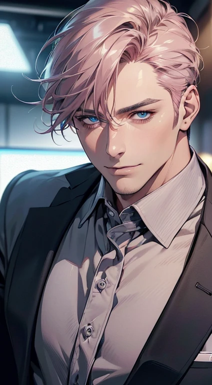(best quality,4k,8k,highres,masterpiece:1.2),ultra-detailed,(realistic,photorealistic,photo-realistic:1.37),1 man,3,mature man,very handsome,without expression,smile,short grey pink hair,blue eyes,penetrating gaze,perfect face without errors,imposing posture,businessman,office background,cinematic lighting,hdr image