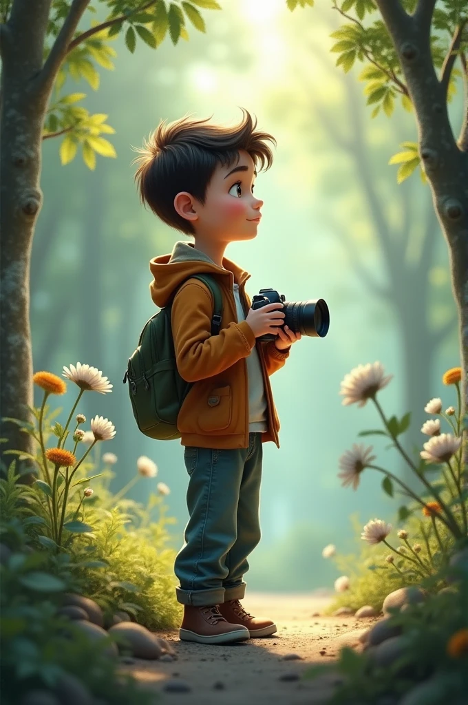 A  boy have stand with camera , his thinking photography 