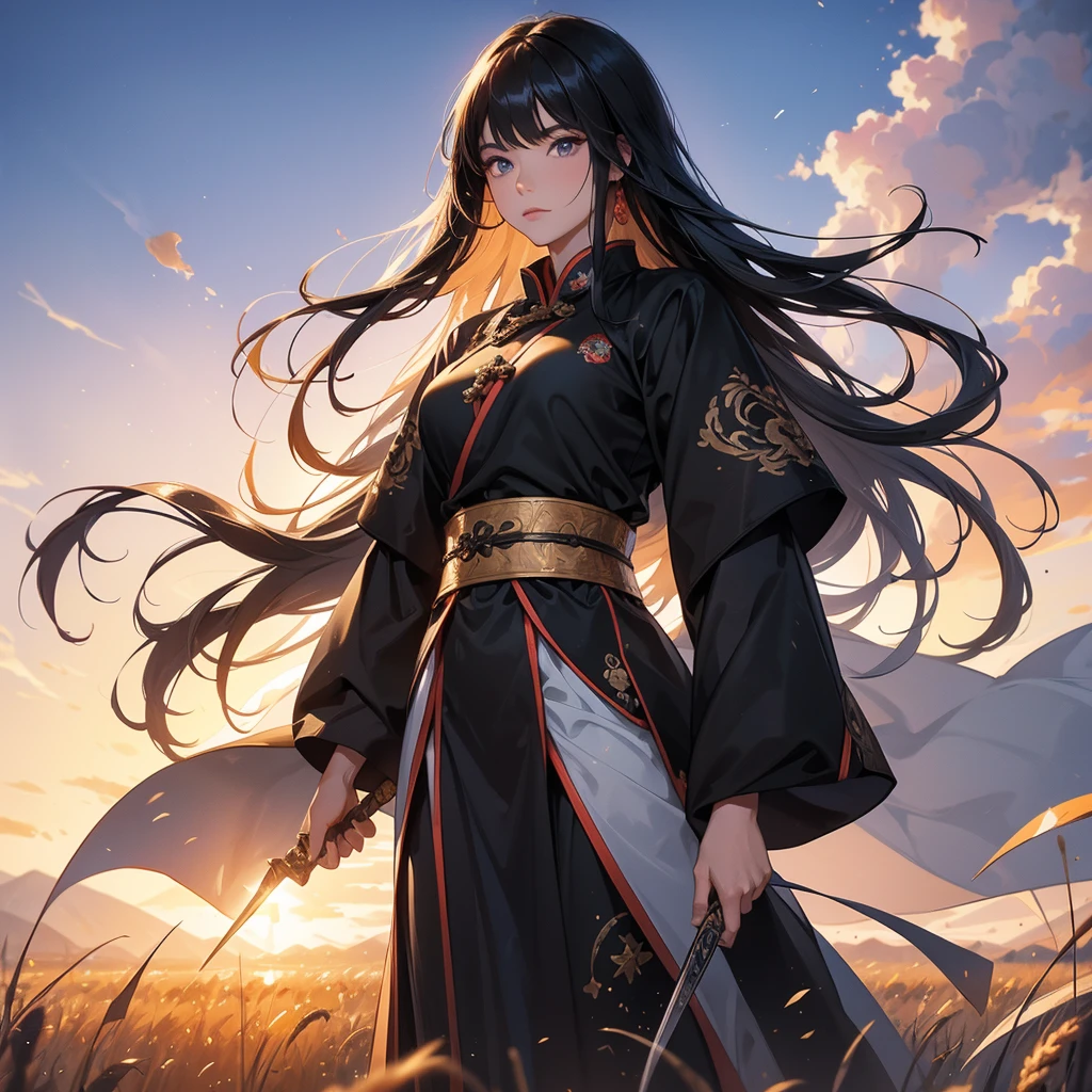 beautiful woman black-haired male general holding a large sword in black ancient Chinese general costume, Standing in the middle of wheat field, sunset, close up. behind which are mountains, there are low clouds floating in the blue sky.