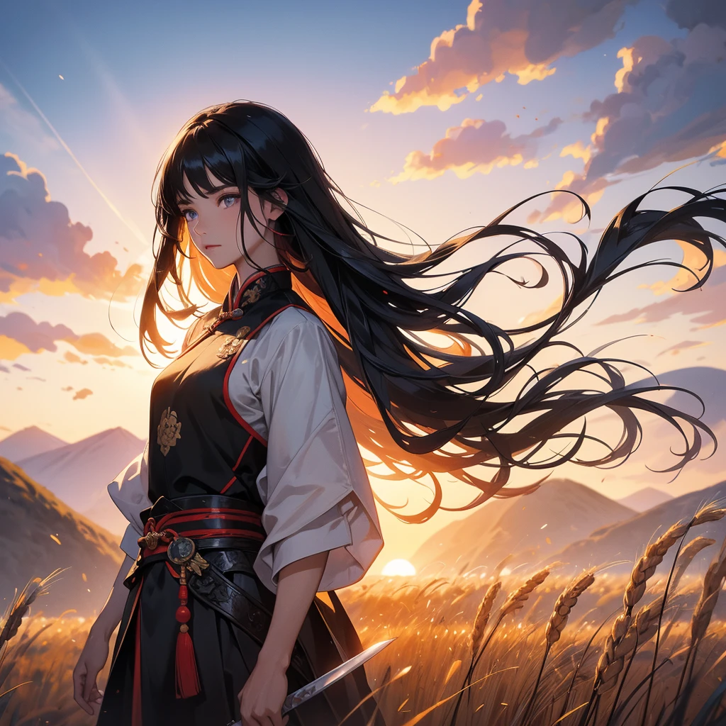 beautiful woman black-haired male general holding a large sword in black ancient Chinese general costume, Standing in the middle of wheat field, sunset, close up. behind which are mountains, there are low clouds floating in the blue sky.