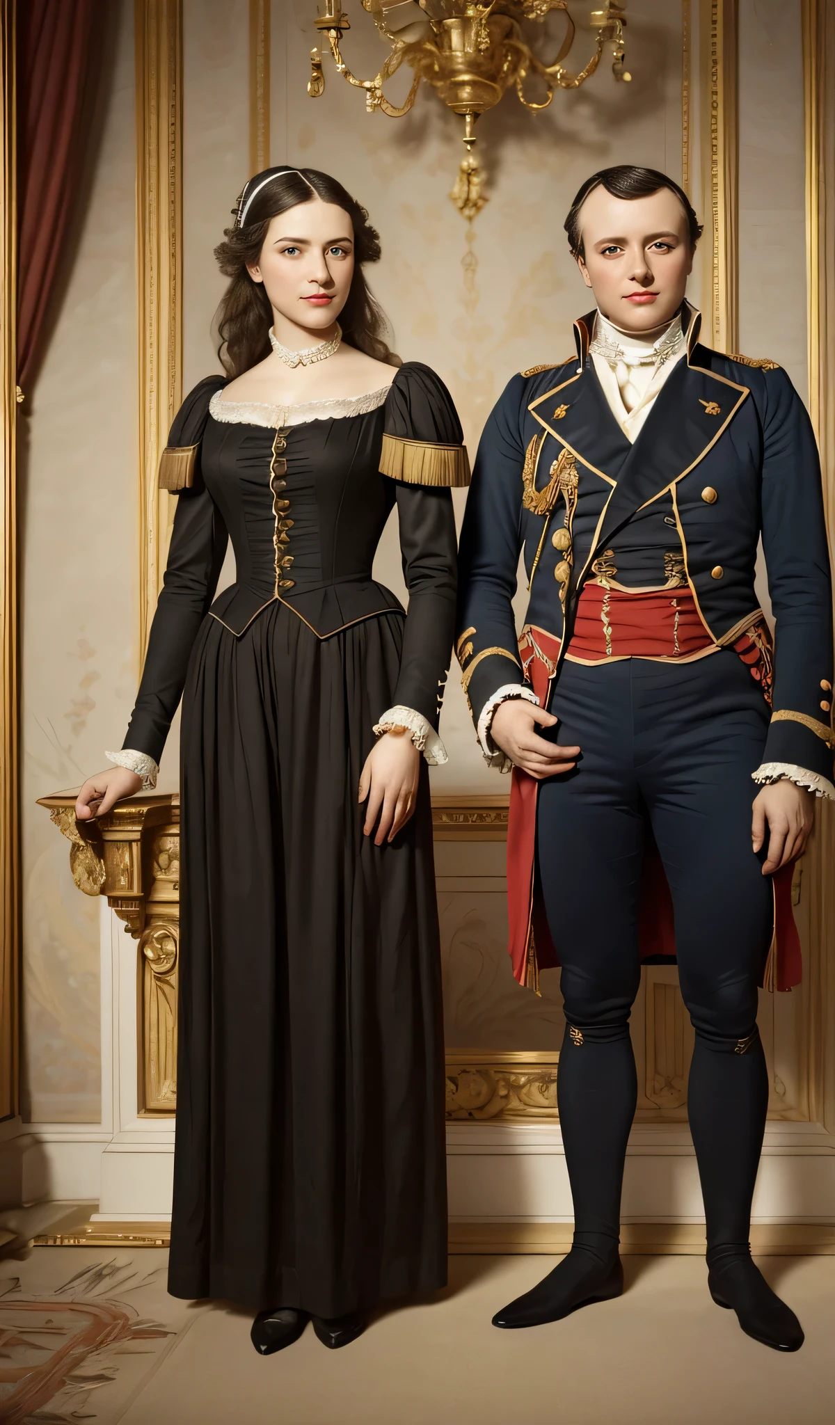 Josephine Beauharnais and her husband Bonaparte Napoleon, viewer's view, full-length photo, Realism, UHD, retina, masterpiece, accurate, anatomically correct, textured skin, super detail, high details, high quality, award winning, best quality, highres, 1080P