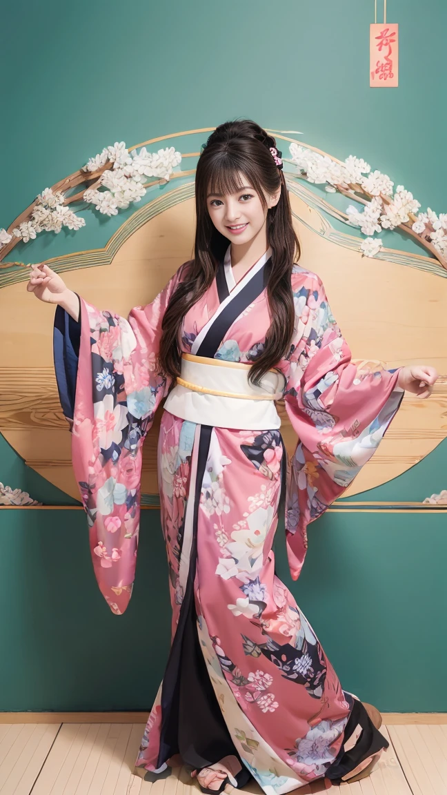 (SeaArt creates stunning illustrations of beautiful women in kimono)、Vividly colored Japanese Ukiyo-e style illustrations、A beautiful woman smiles and shows her upper white teeth、Brown-black long hair、Beautiful full body style、If you want to dance, let&#39;s dance, Tokyo Ondo, Yoi Yoi、Beautiful new digital paintings,、Bright vibrant digital anime art、 Beautiful anime portraits、background,Torii gate front of Japanese shrine、 Detailed digital anime art、